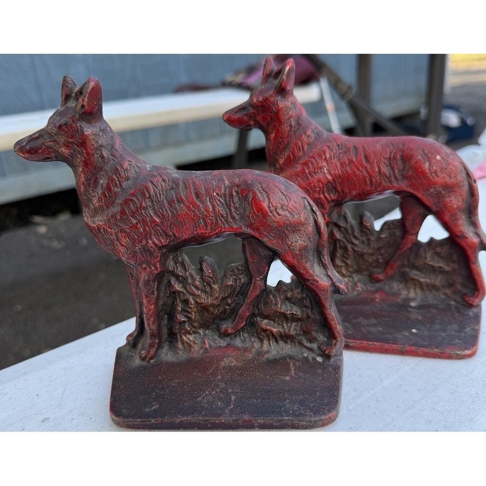 Vintage Cast Iron German Shepherd Dog Bookends Red Wash Antique Rustic Decor Set